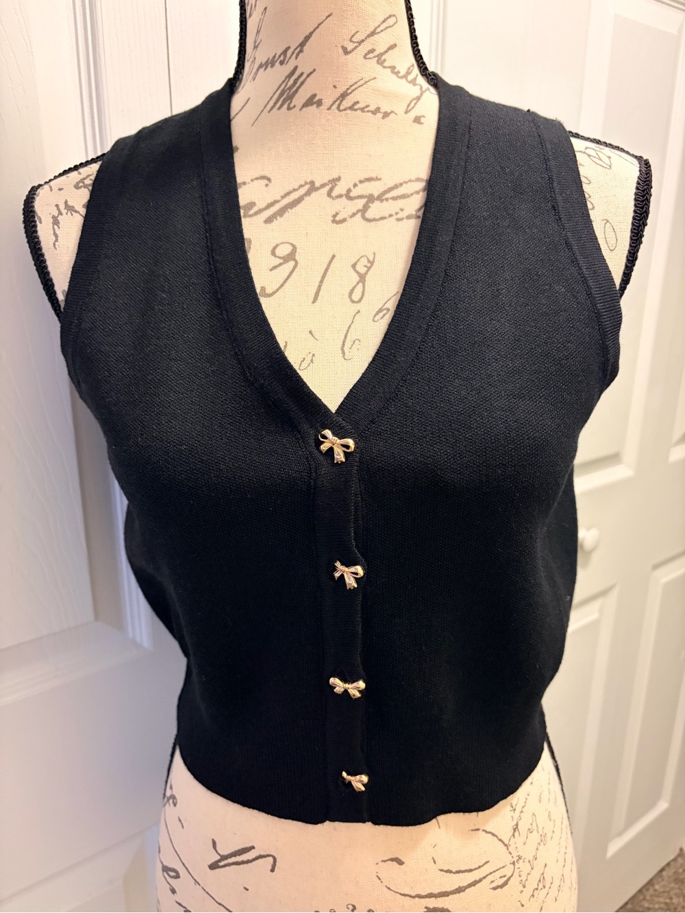 Black V-Neck Knit Vest with Gold Bow Buttons - Women Sweaters V-Necks